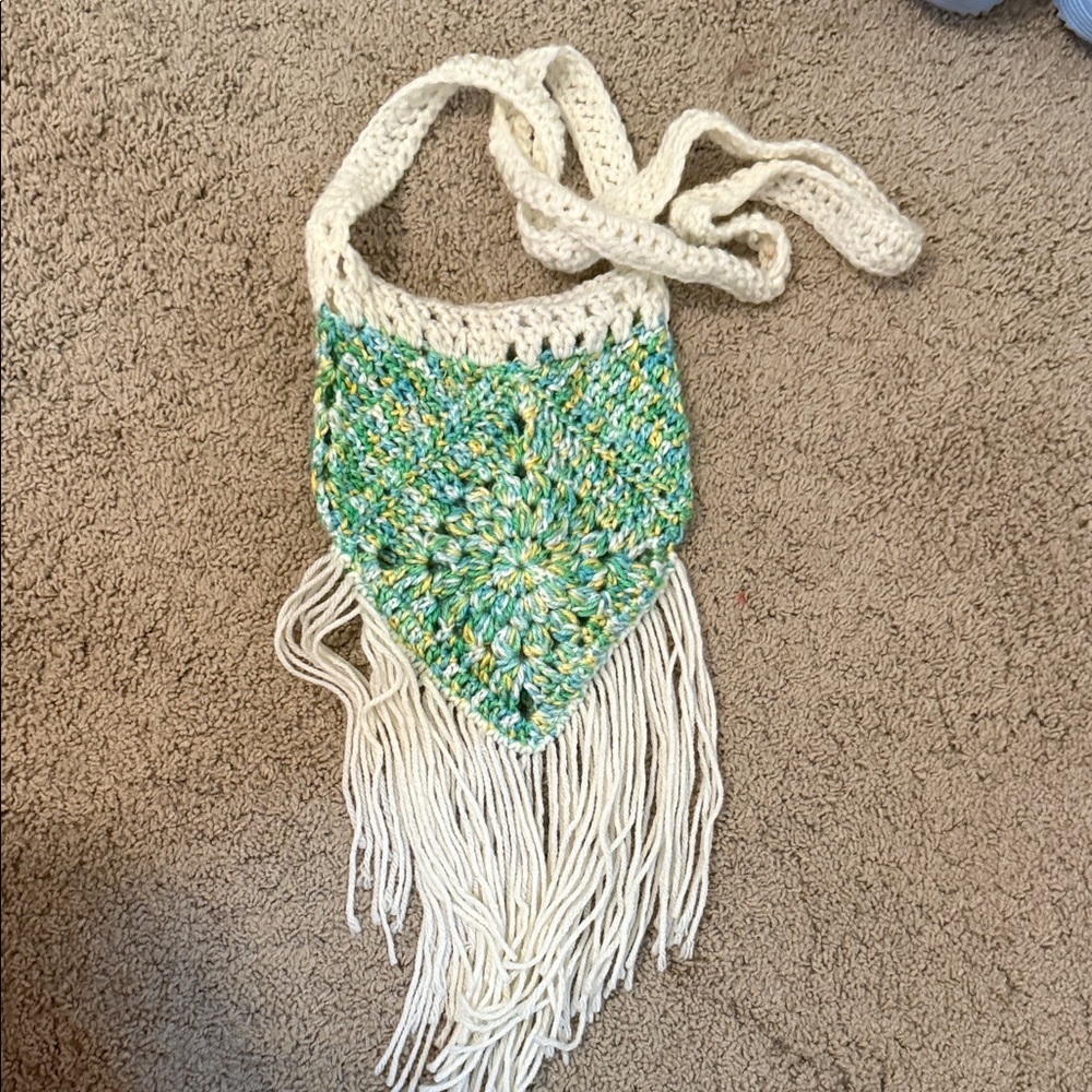 Handmade Crochet Fringe Bag - Green and Cream